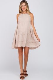 Beige Textured Halter Ruffle Tiered Maternity Dress