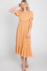 Peach Floral Crochet Accent Midi Dress