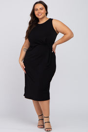 Black Sleeveless Gathered Waist Plus Midi Dress