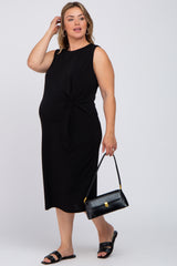 Black Sleeveless Gathered Waist Plus Maternity Midi Dress