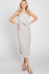 Grey Sleeveless Gathered Waist Midi Dress