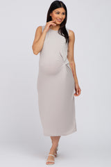 Grey Sleeveless Gathered Waist Maternity Midi Dress