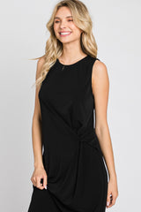 Black Sleeveless Gathered Waist Midi Dress