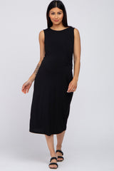 Black Sleeveless Gathered Waist Maternity Midi Dress