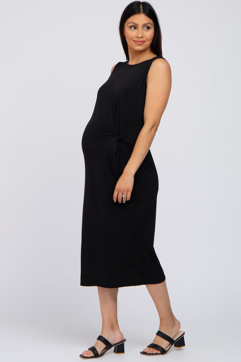 Black Sleeveless Gathered Waist Maternity Midi Dress– PinkBlush