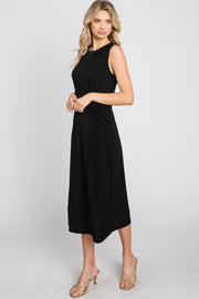 Black Sleeveless Gathered Waist Midi Dress