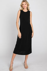 Black Sleeveless Gathered Waist Midi Dress