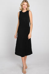 Black Sleeveless Gathered Waist Midi Dress