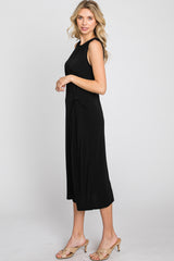 Black Sleeveless Gathered Waist Midi Dress