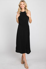 Black Sleeveless Gathered Waist Midi Dress