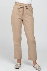 Beige Waist Tie Cuffed Pants