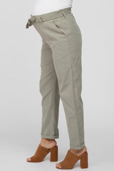 Light Olive Waist Tie Cuffed Maternity Pants