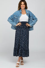 Navy Smocked Floral Maxi Skirt