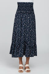 Navy Smocked Floral Maxi Skirt