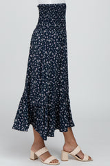 Navy Smocked Floral Maxi Skirt