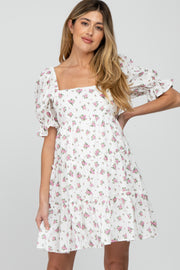 Pink Floral Puff Sleeve Maternity Mini Dress