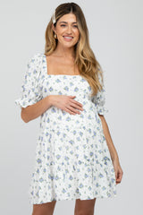 Blue Floral Puff Sleeve Maternity Mini Dress