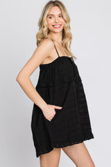 Black Embroidered Plaid Ruffle Accent Romper