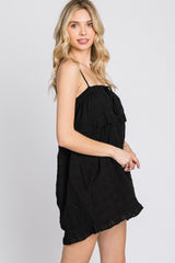 Black Embroidered Plaid Ruffle Accent Romper