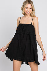 Black Embroidered Plaid Ruffle Accent Romper