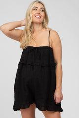 Black Embroidered Plaid Ruffle Accent Maternity Romper