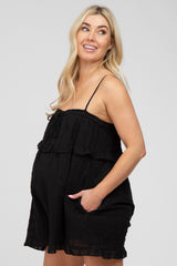 Black Embroidered Plaid Ruffle Accent Maternity Romper