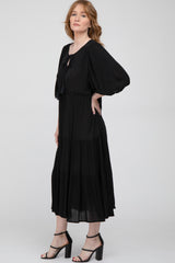 Black Puff Sleeve Tiered Midi Dress