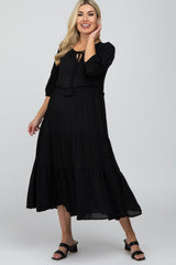 Black Puff Sleeve Tiered Maternity Midi Dress