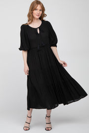 Black Puff Sleeve Tiered Midi Dress