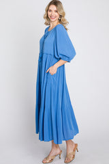 Blue Puff Sleeve Tiered Midi Dress