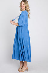 Blue Puff Sleeve Tiered Midi Dress