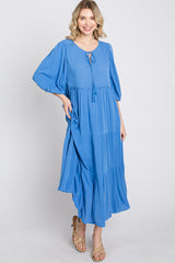 Blue Puff Sleeve Tiered Midi Dress