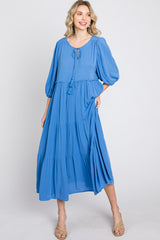 Blue Puff Sleeve Tiered Midi Dress