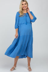 Blue Puff Sleeve Tiered Maternity Midi Dress