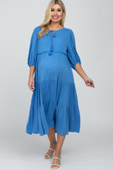 Blue Puff Sleeve Tiered Maternity Midi Dress