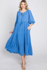 Blue Puff Sleeve Tiered Midi Dress