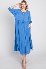 Blue Puff Sleeve Tiered Midi Dress