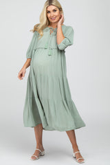 Light Olive Puff Sleeve Tiered Maternity Midi Dress