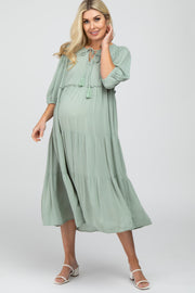 Light Olive Puff Sleeve Tiered Maternity Midi Dress