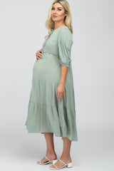 Light Olive Puff Sleeve Tiered Maternity Midi Dress