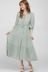 Light Olive Puff Sleeve Tiered Midi Dress