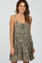 Olive Floral Front Cutout Tiered Dress