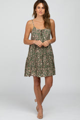 Olive Floral Front Cutout Tiered Dress