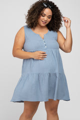 Blue Sleeveless Tiered Button Front Plus Maternity Dress