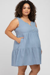 Blue Sleeveless Tiered Button Front Plus Maternity Dress