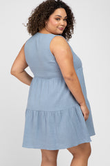 Blue Sleeveless Tiered Button Front Plus Maternity Dress