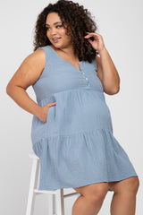 Blue Sleeveless Tiered Button Front Plus Maternity Dress