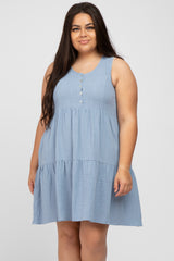 Blue Sleeveless Tiered Button Front Plus Dress