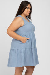 Blue Sleeveless Tiered Button Front Plus Dress