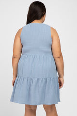 Blue Sleeveless Tiered Button Front Plus Dress